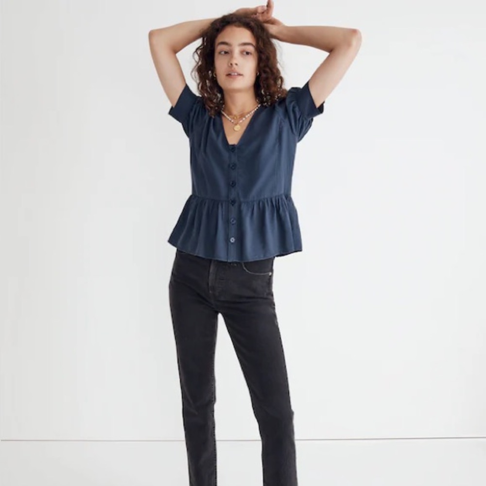 Madewell Navy Button-Front Peplum Blouse